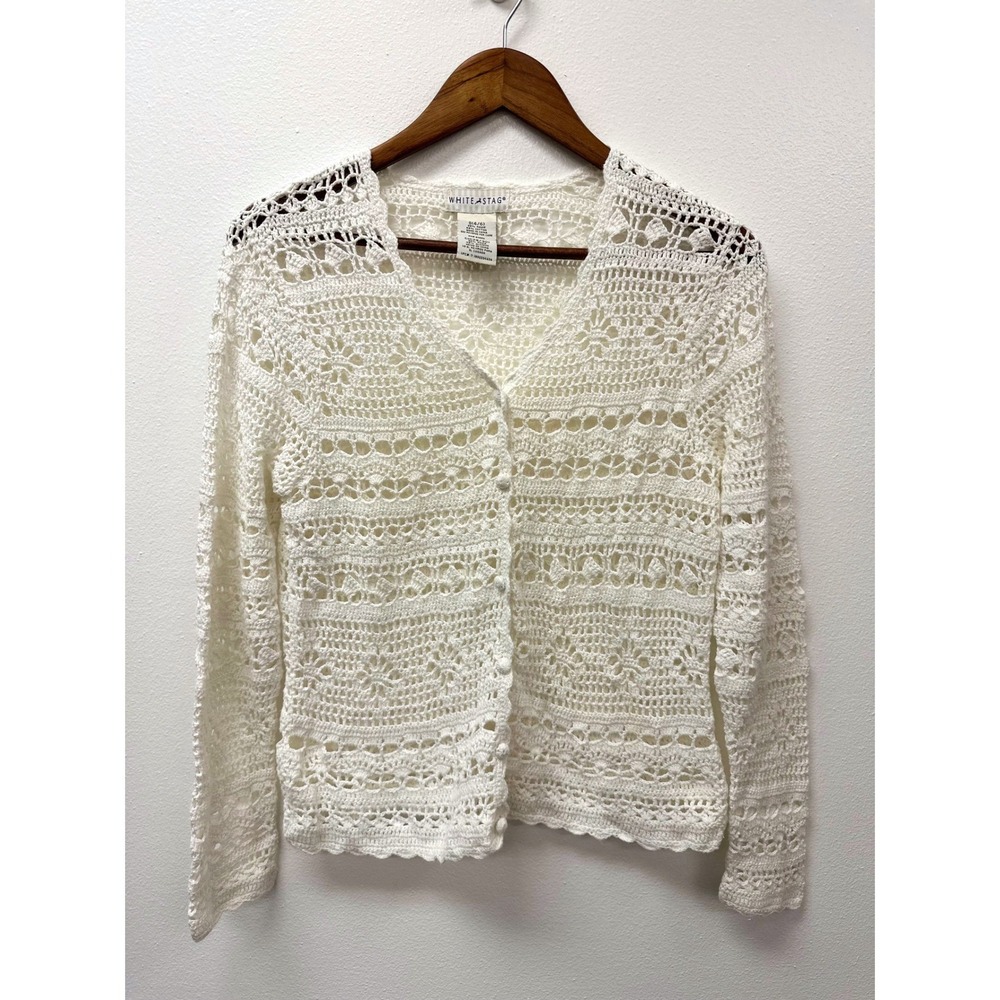 Vintage White Stage Open Crochet Long Sleeve Cardigan White S